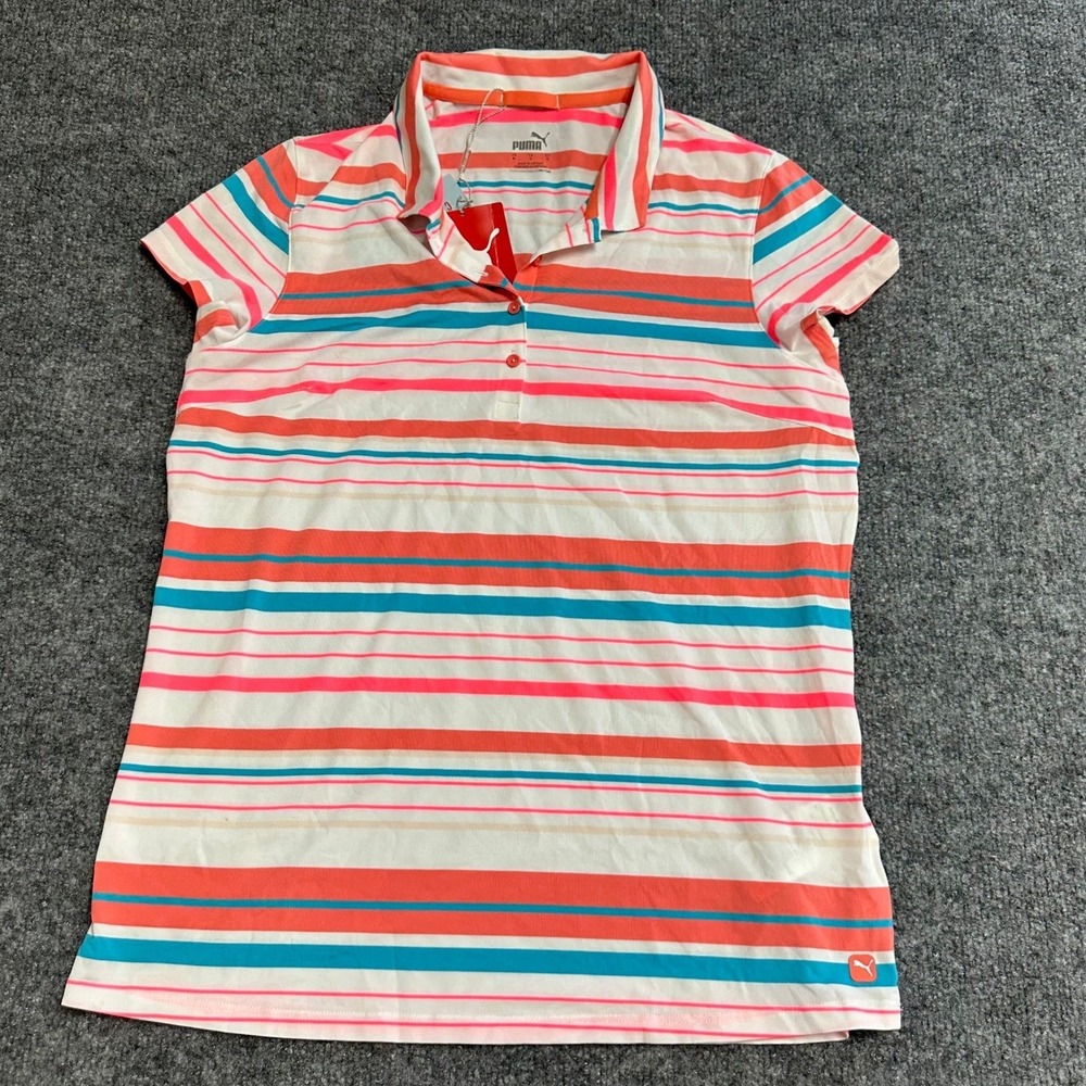 Puma Polo Womens Size M Pink Orange Blue Striped Short Sleeve Athletic Golf Top